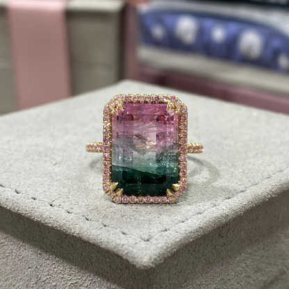6.5 Carat Emerald Sunrise Tourmaline Pink Diamond Unicorn Ring