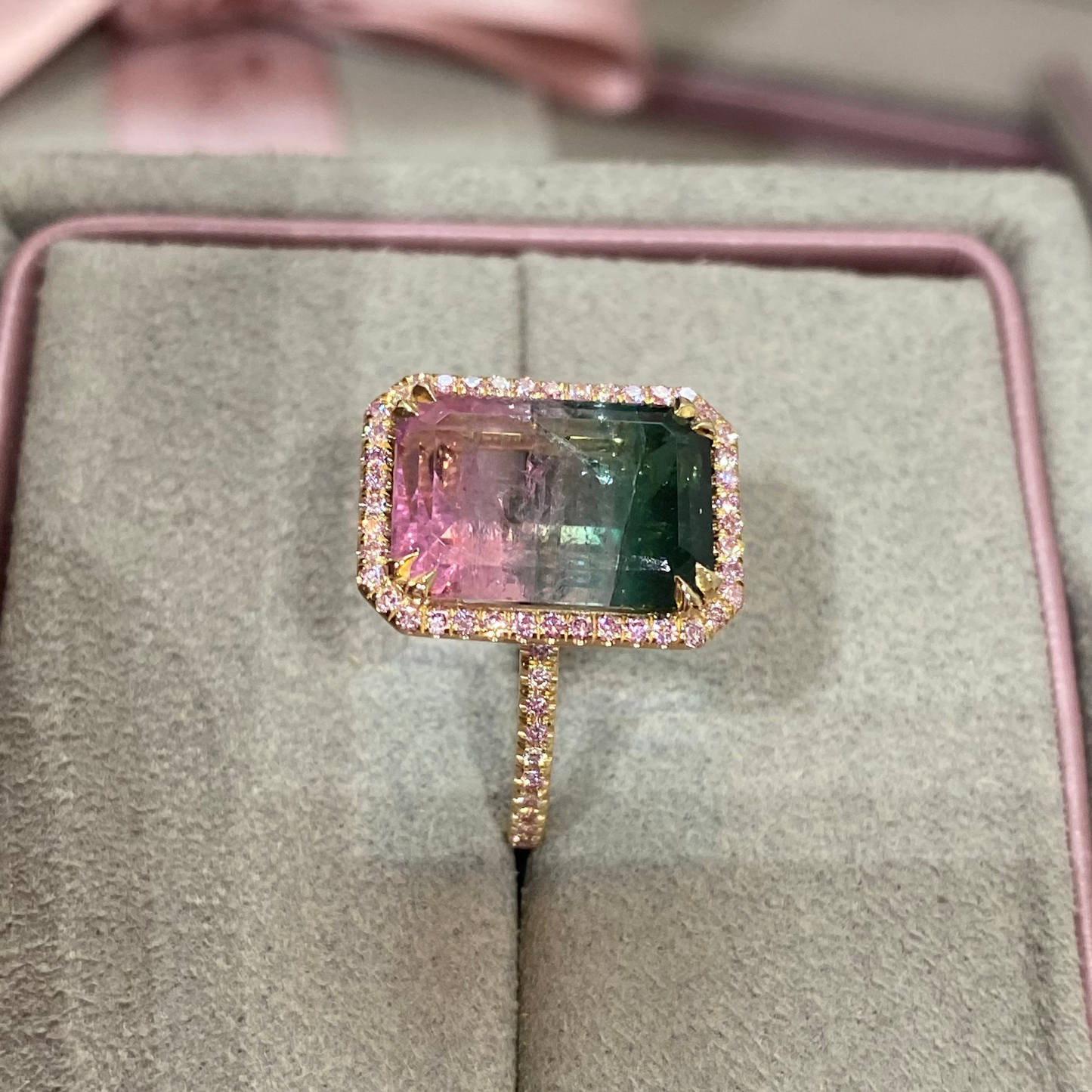 6.5 Carat Emerald Sunrise Tourmaline Pink Diamond Unicorn Ring