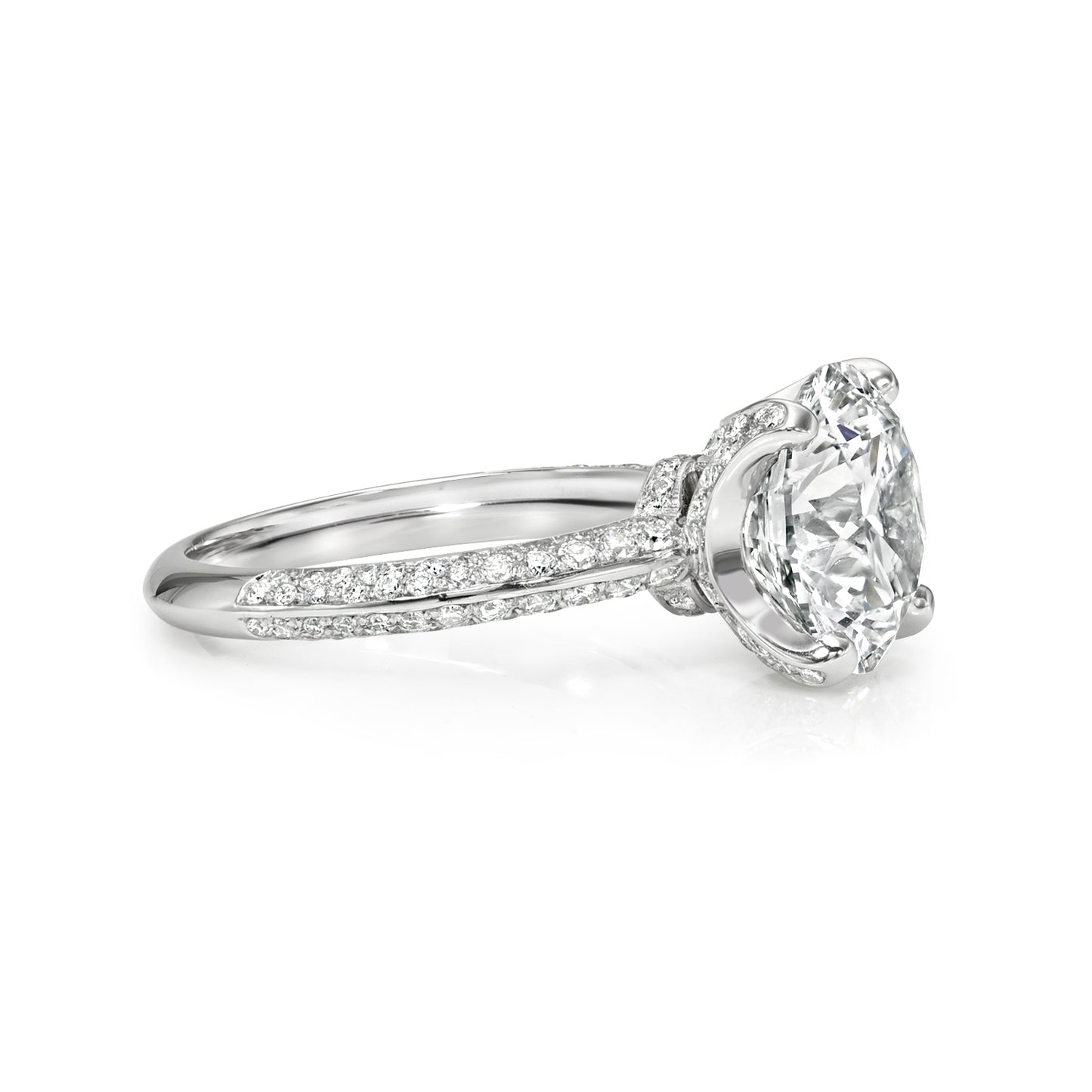 Round Cut Diamond Pave Engagement Ring Double Pave Band