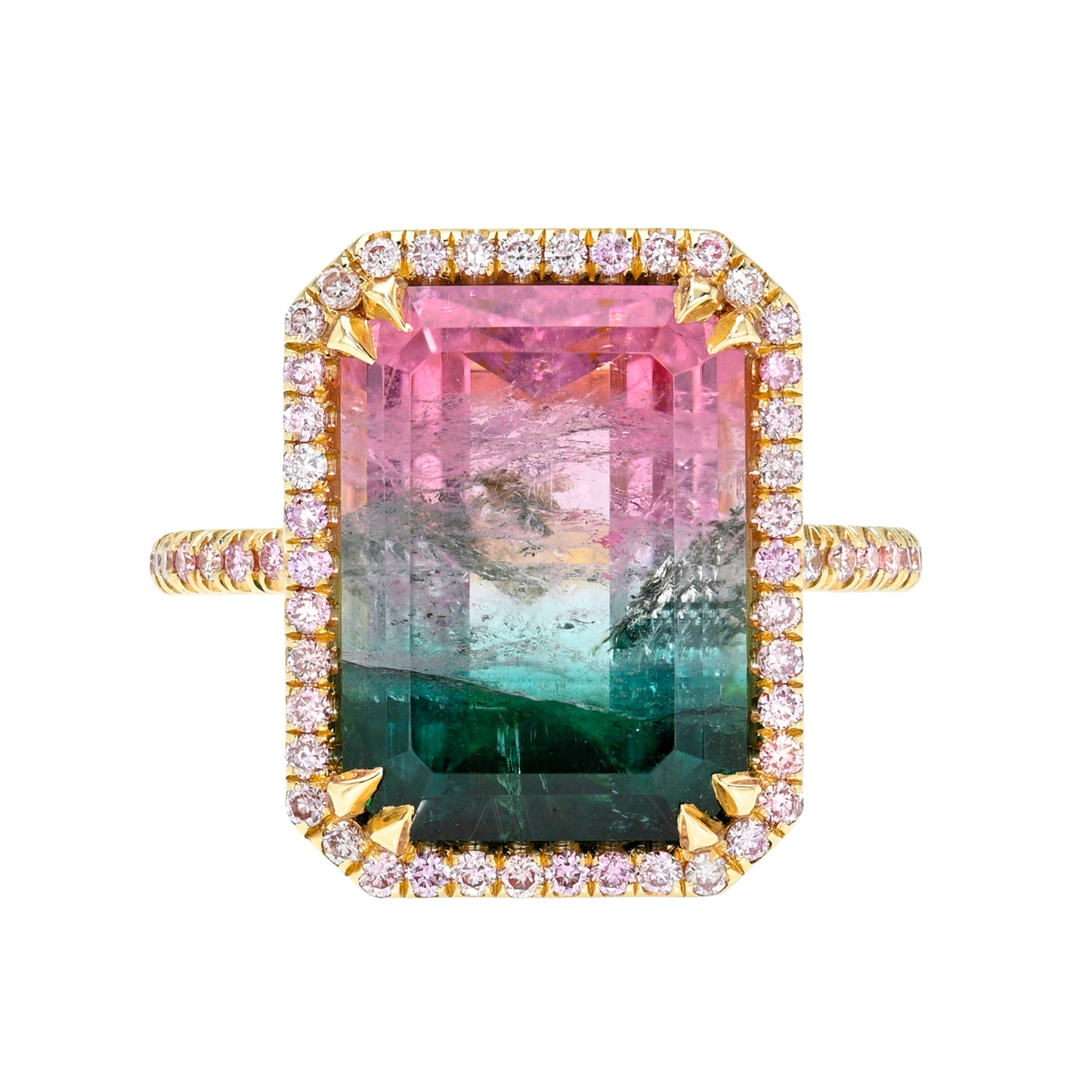 6.5 Carat Emerald Sunrise Tourmaline Pink Diamond Unicorn Ring