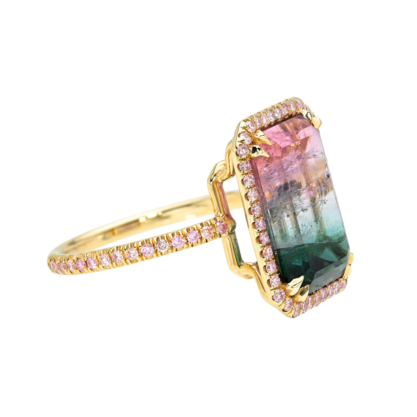 6.5 Carat Emerald Sunrise Tourmaline Pink Diamond Unicorn Ring