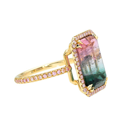 6.5 Carat Emerald Sunrise Tourmaline Pink Diamond Unicorn Ring