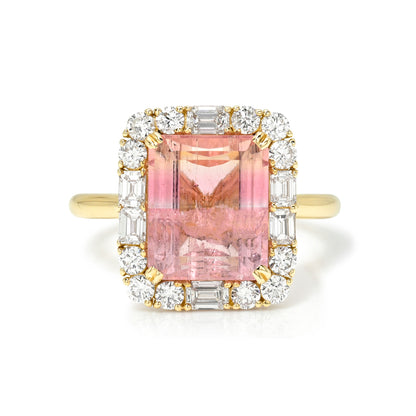 4.3 Carat Peaches and Cream Pink Yellow Tourmaline Diamond Unicorn Ring
