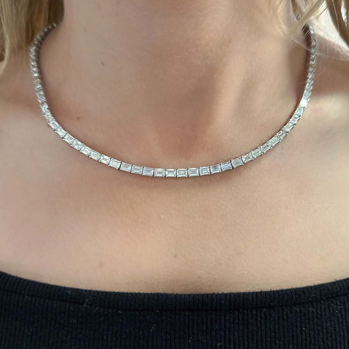 East West Emerald Cut Diamond Tennis Necklace