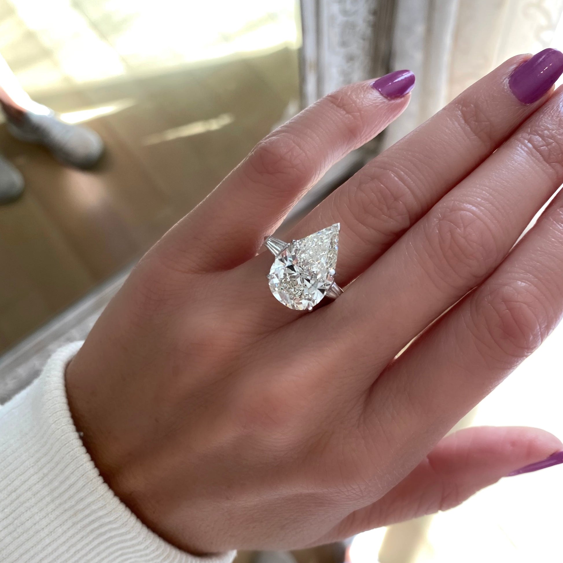 Pear Diamond Engagement Ring with Tapered Baguettes – Miss Diamond
