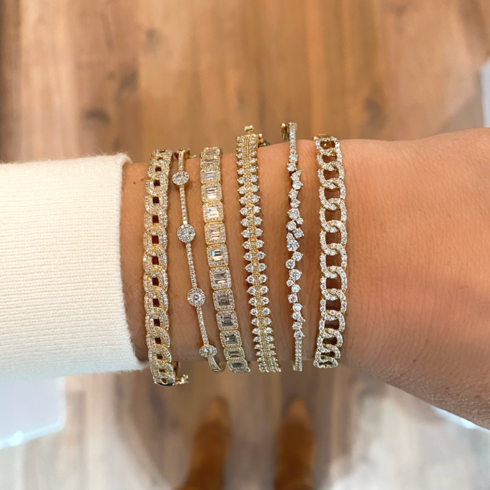 In Line Sparkling Halo Diamond Bangle Bracelet