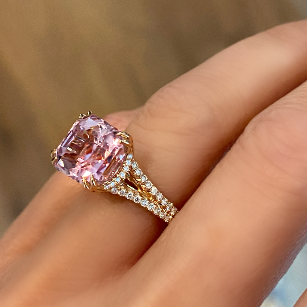 7 Carat Emerald Cut Kunzite Diamond Ring