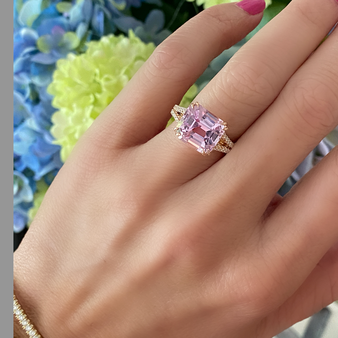 7 Carat Emerald Cut Kunzite Diamond Ring