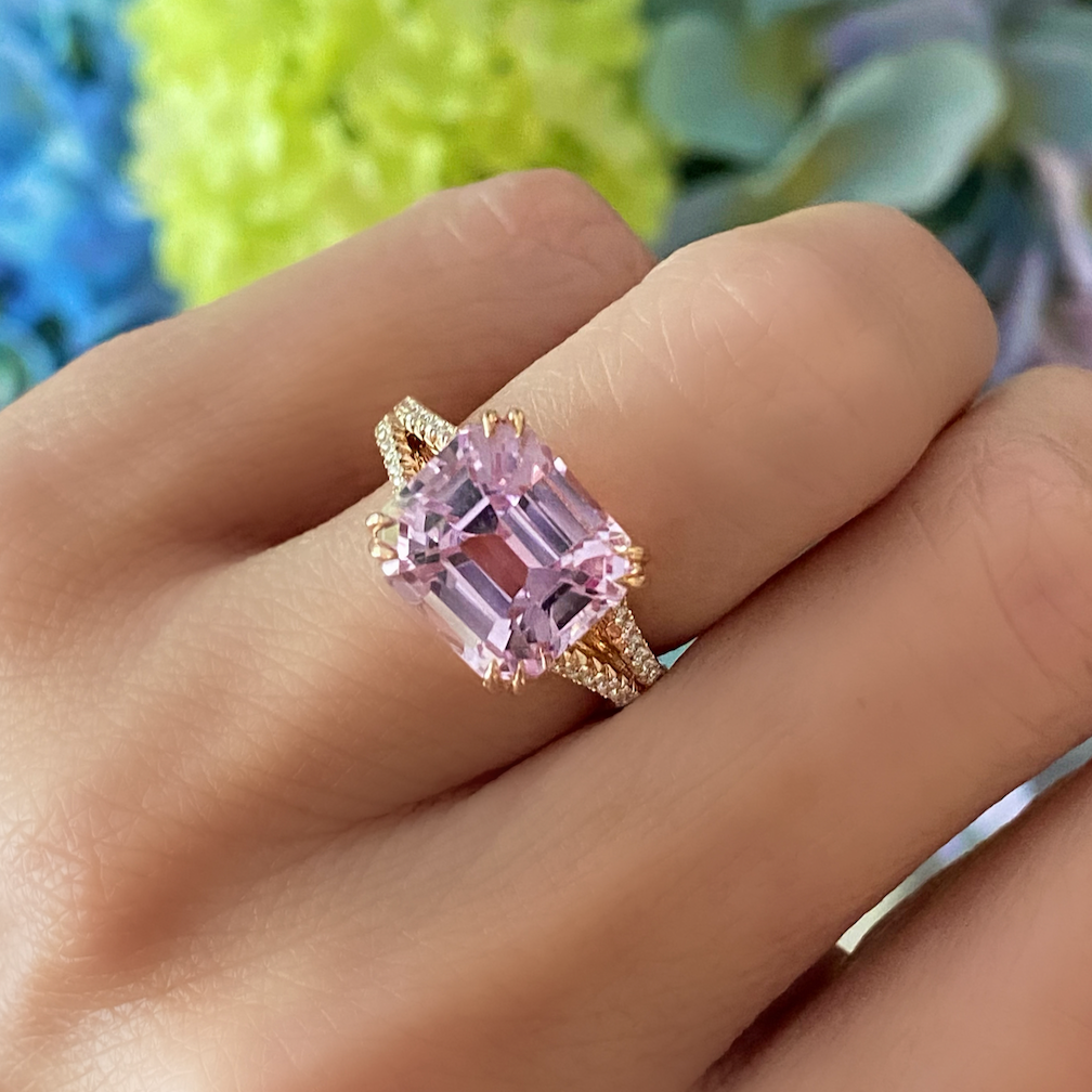7 Carat Emerald Cut Kunzite Diamond Ring Miss Diamond Ring