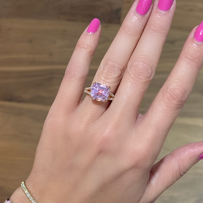 7 Carat Emerald Cut Kunzite Diamond Ring