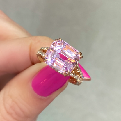 7 Carat Emerald Cut Kunzite Diamond Ring