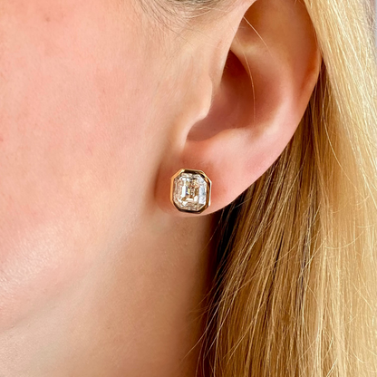 Bezel Antique Square Emerald Diamond Stud Earrings
