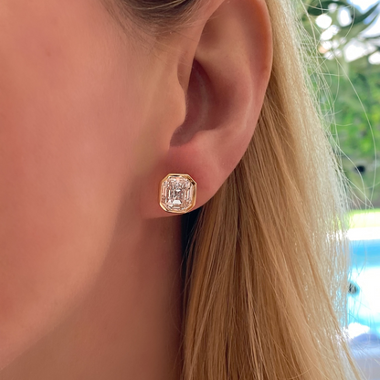 Bezel Antique Square Emerald Diamond Stud Earrings