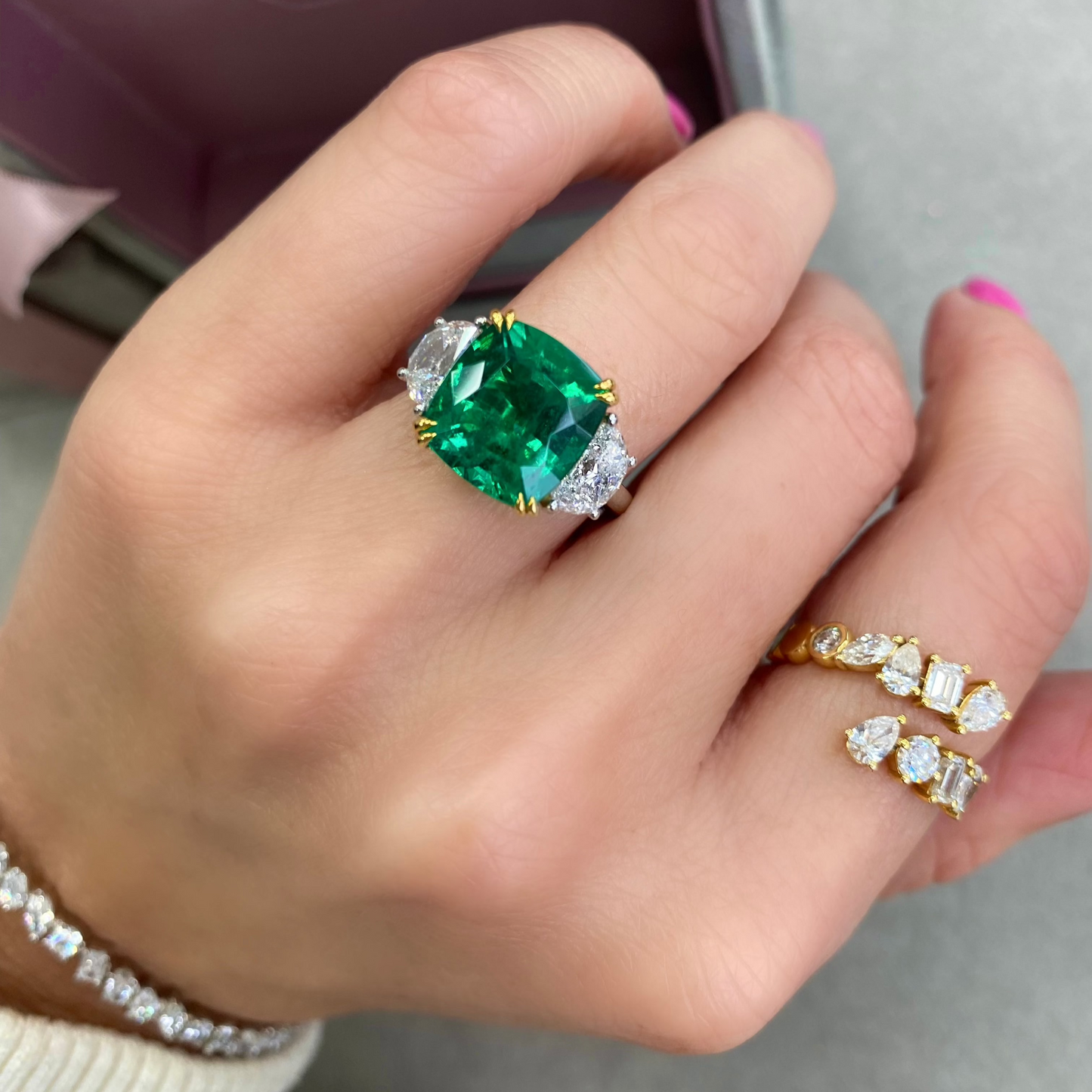 6 Carat Cushion Cut Emerald Diamond Ring