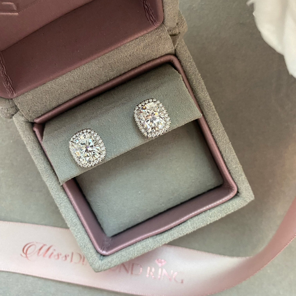 Cushion Halo Diamond Stud Earrings