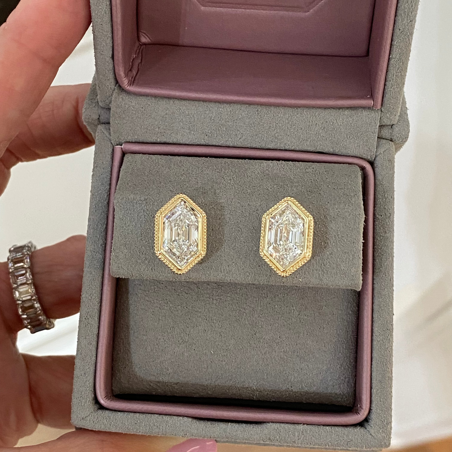 Bezel Hexagon Diamond Stud Earrings