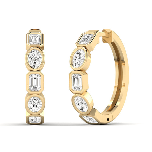 Oval and Emerald Bezel Diamond Hoop Earrings