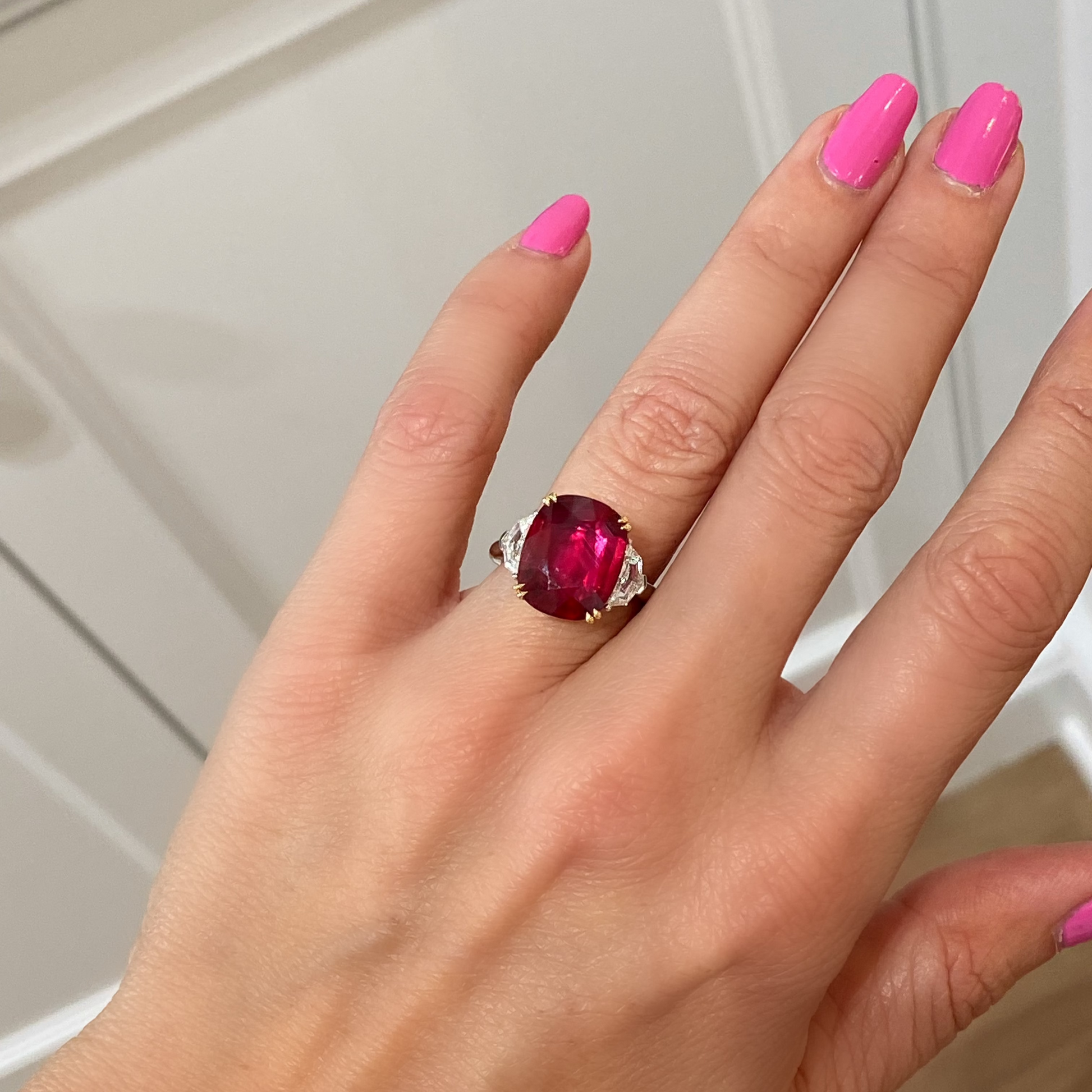 6.8 Carat Cushion Cut Mozambique Ruby Ring Miss Diamond Ring