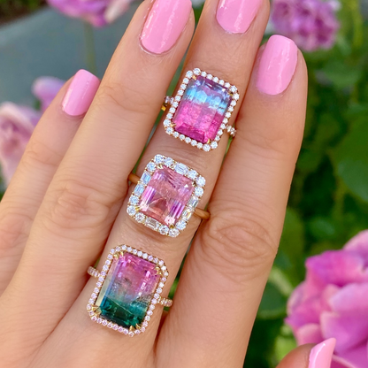 6.5 Carat Emerald Sunrise Tourmaline Pink Diamond Unicorn Ring