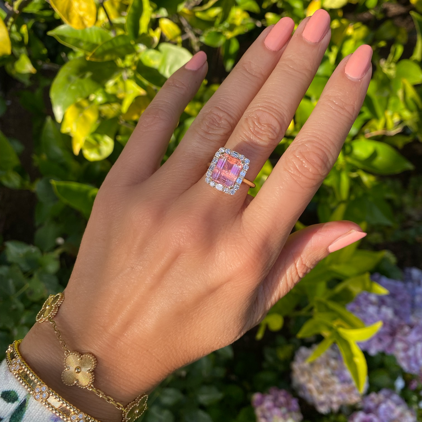 4.3 Carat Peaches and Cream Pink Yellow Tourmaline Diamond Unicorn Ring