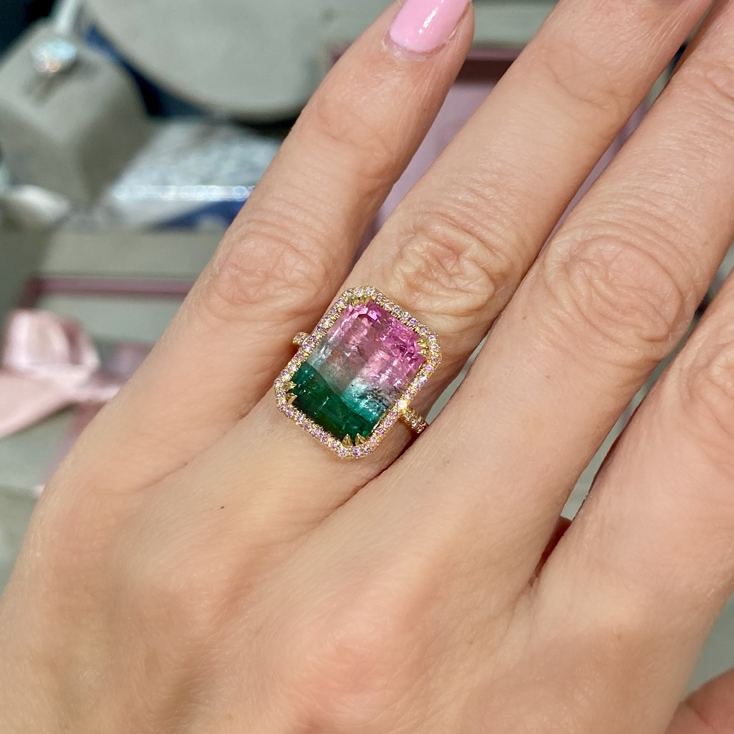 6.5 Carat Emerald Sunrise Tourmaline Pink Diamond Unicorn Ring