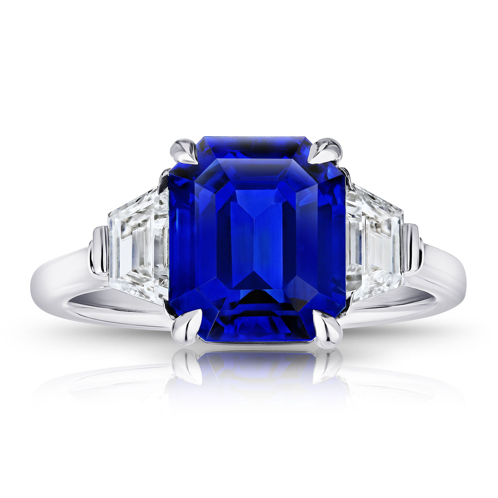 5 Ct. Three Stone Blue Sapphire Ring with Trapezoid Diamonds | Miss ...