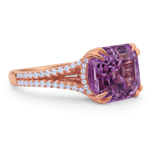 7 Carat Emerald Cut Kunzite Diamond Ring