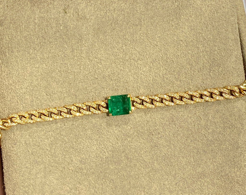 Green Emerald Diamond Pave Chain Bracelet