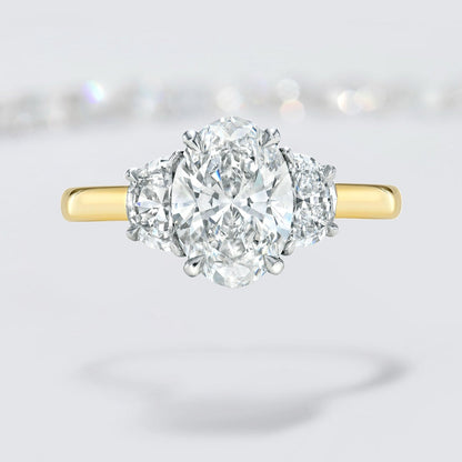 Oval Cut Diamond Three Stone Engagement Ring with Half Moon Sides