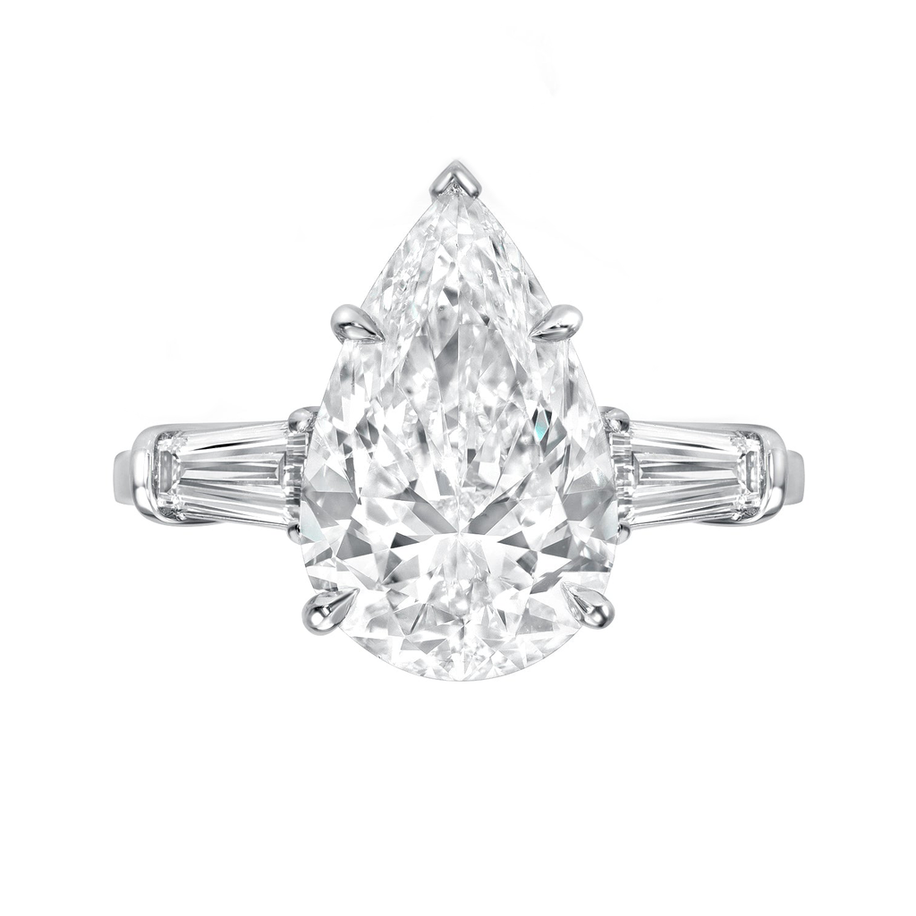 Custom Three Stone Pear Diamond Engagement Ring with Tapered Baguettes