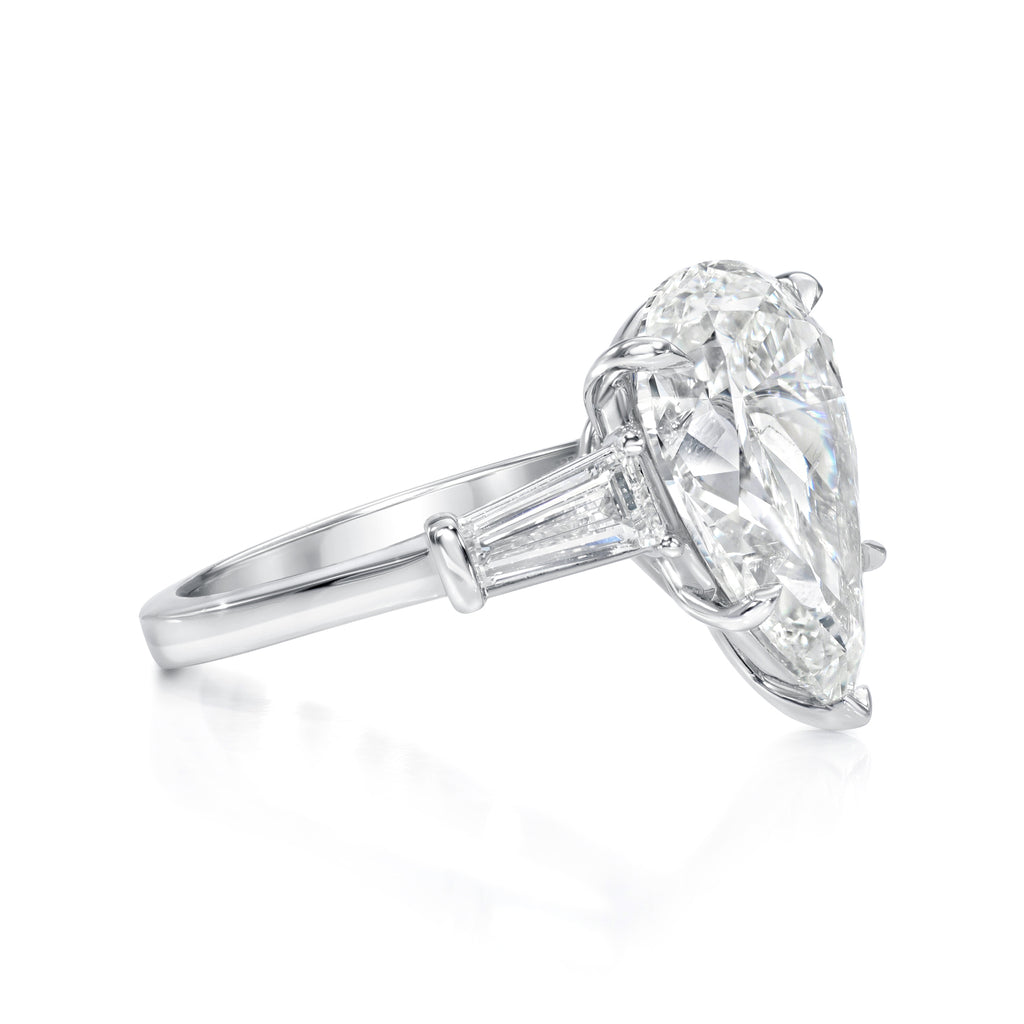 Custom Three Stone Pear Diamond Engagement Ring with Tapered Baguettes