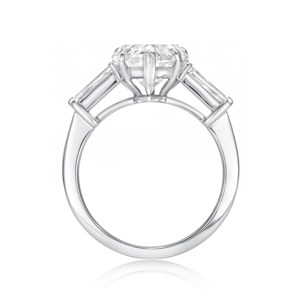 Custom Three Stone Pear Diamond Engagement Ring with Tapered Baguettes