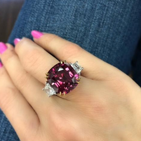Miss Diamond Ring three stone red spinel with trapezoid diamonds