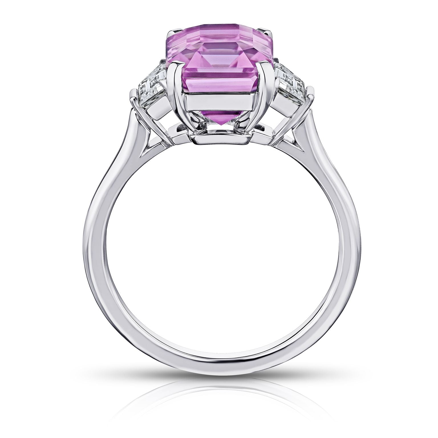 5 Ct. Three Stone Pink Sapphire Ring with Trapezoid Diamonds