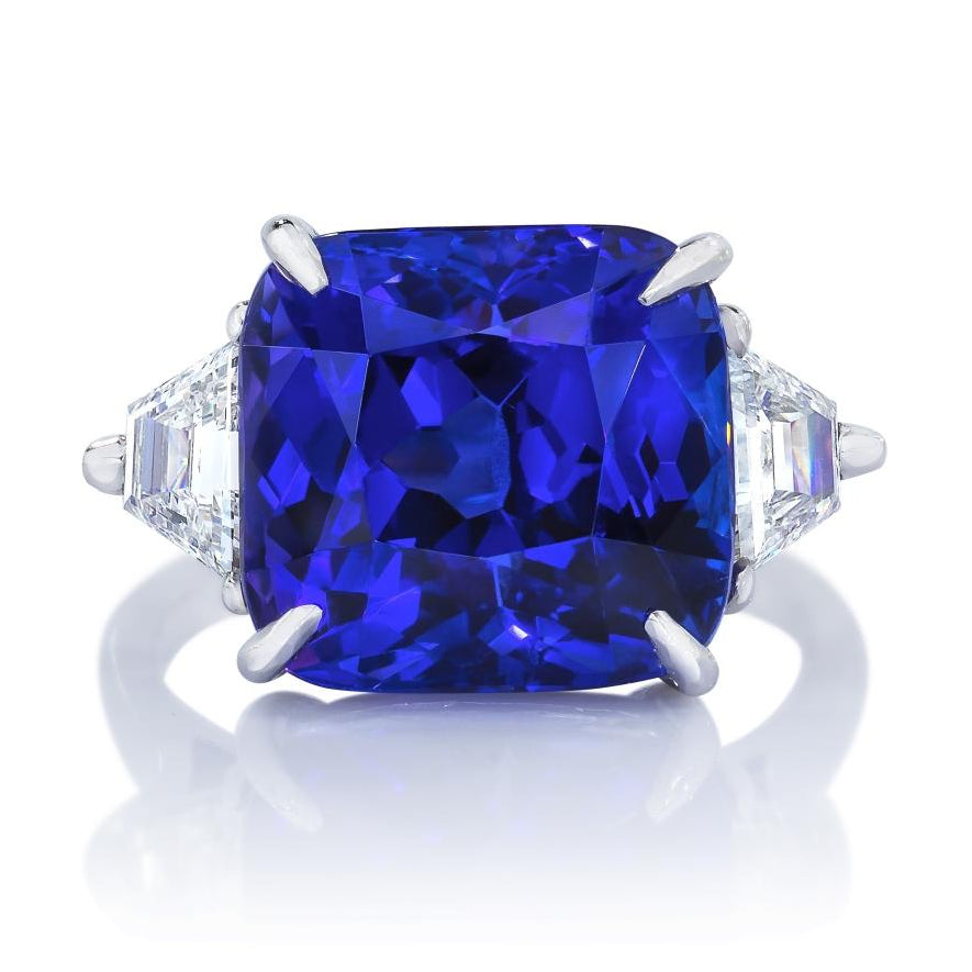 Miss Diamond Ring blue Tanzanite three stone cushion with trapezoid diamonds