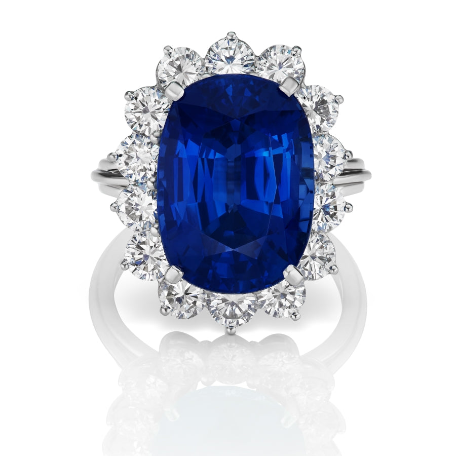 Miss Diamond Ring cushion sapphire ring with round brilliant diamonds