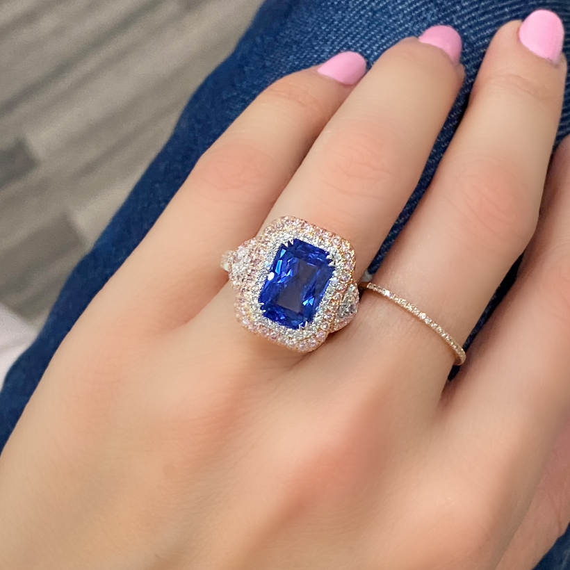 6 Ct. Blue Sapphire Ring with Pink Sapphires and Diamonds