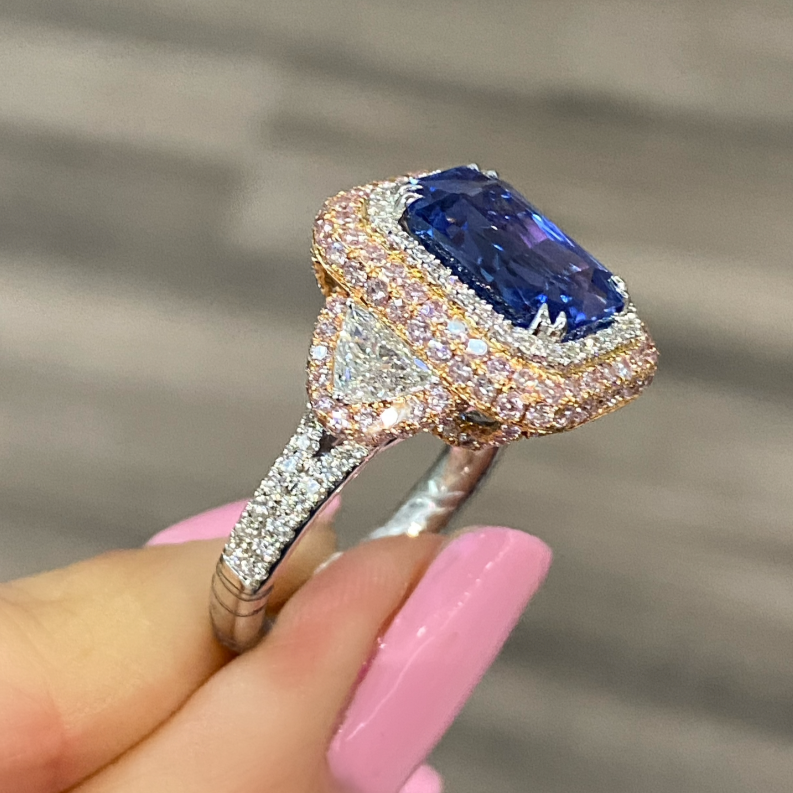 6 Ct. Blue Sapphire Ring with Pink Sapphires and Diamonds