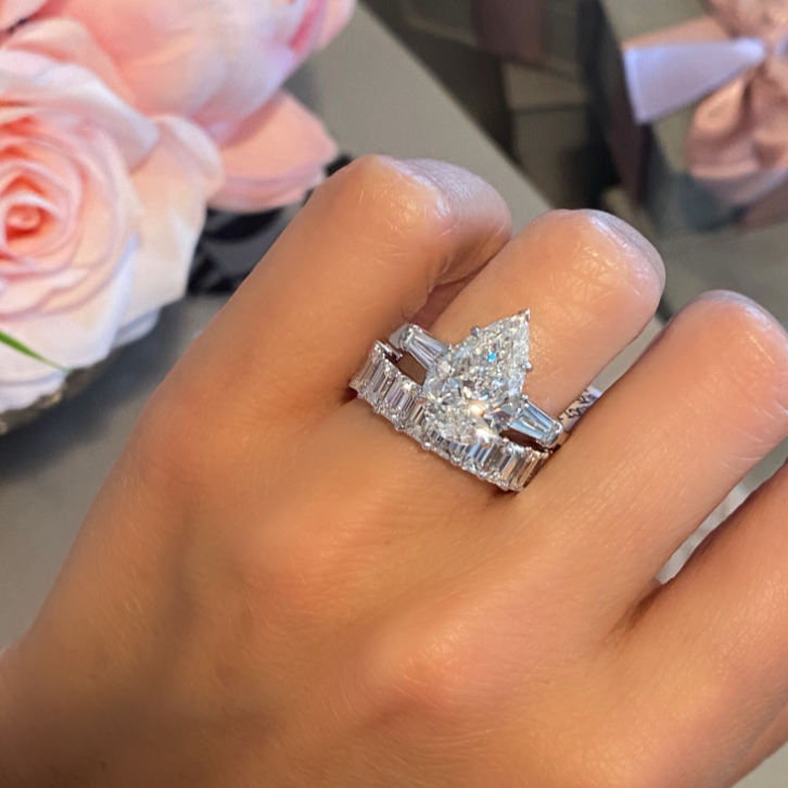 Custom Three Stone Pear Diamond Engagement Ring with Tapered Baguettes