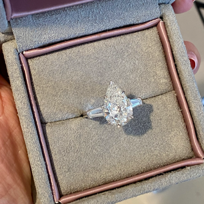Custom Three Stone Pear Diamond Engagement Ring with Tapered Baguettes