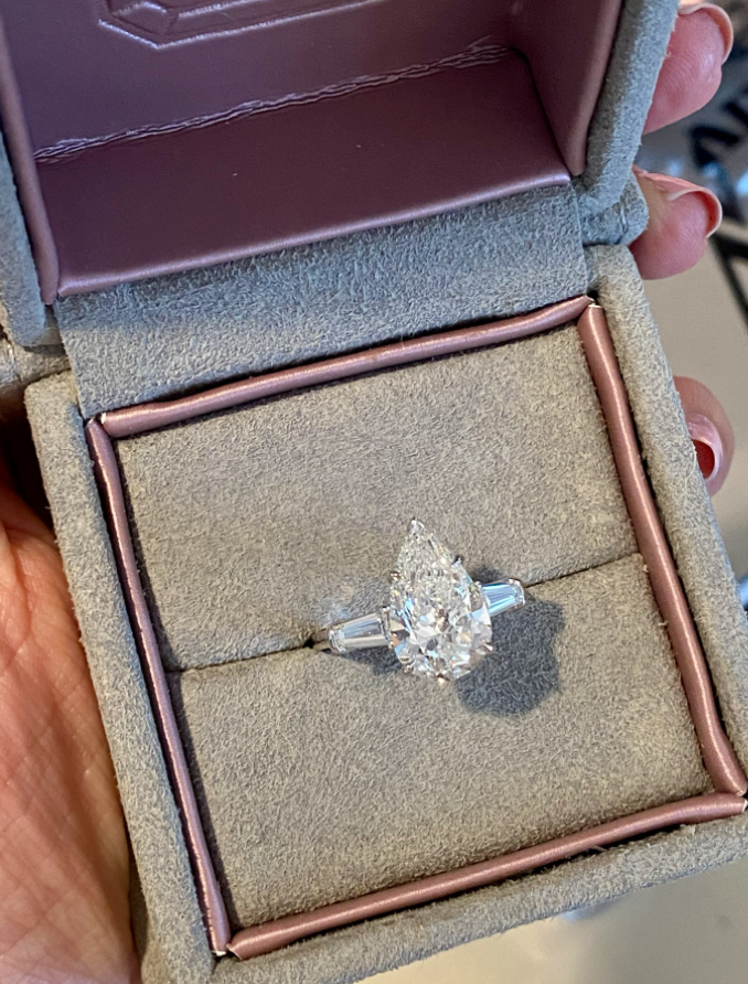 Custom Three Stone Pear Diamond Engagement Ring with Tapered Baguettes