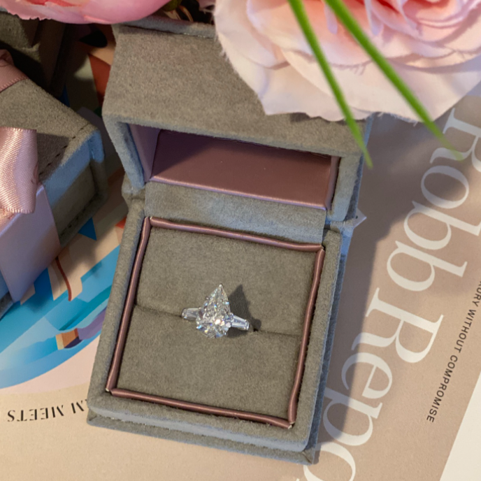 Custom Three Stone Pear Diamond Engagement Ring with Tapered Baguettes