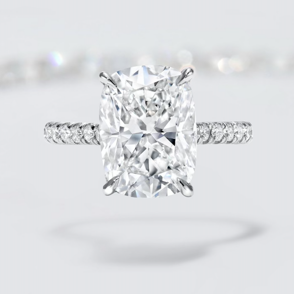 Cushion Modified Brilliant Diamond Engagement Ring with Hidden Halo