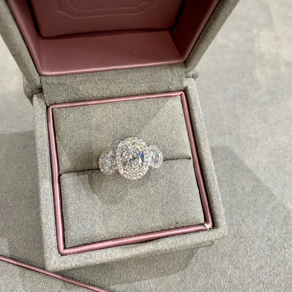 Three Stone Oval Cut Pave Diamond Engagement Ring