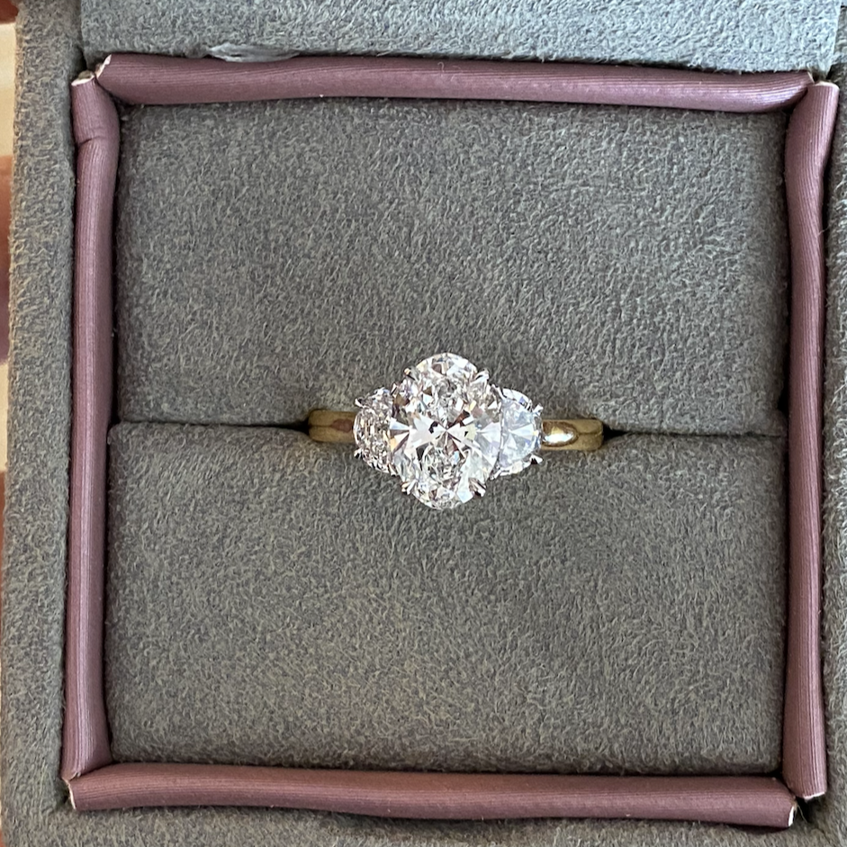 Custom Three Stone Oval Brilliant Diamond Engagement Ring Squared Band