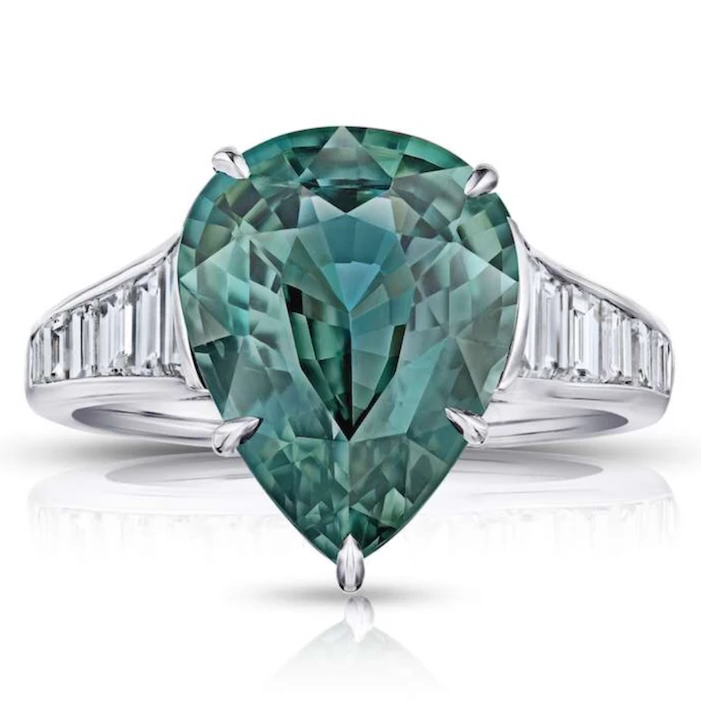7 Ct. Pear Green Sapphire Ring with Trapezoid Diamonds