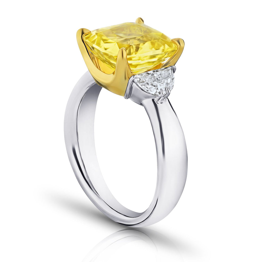 6 Ct. Three Stone Cushion Yellow Sapphire with Diamonds Ring
