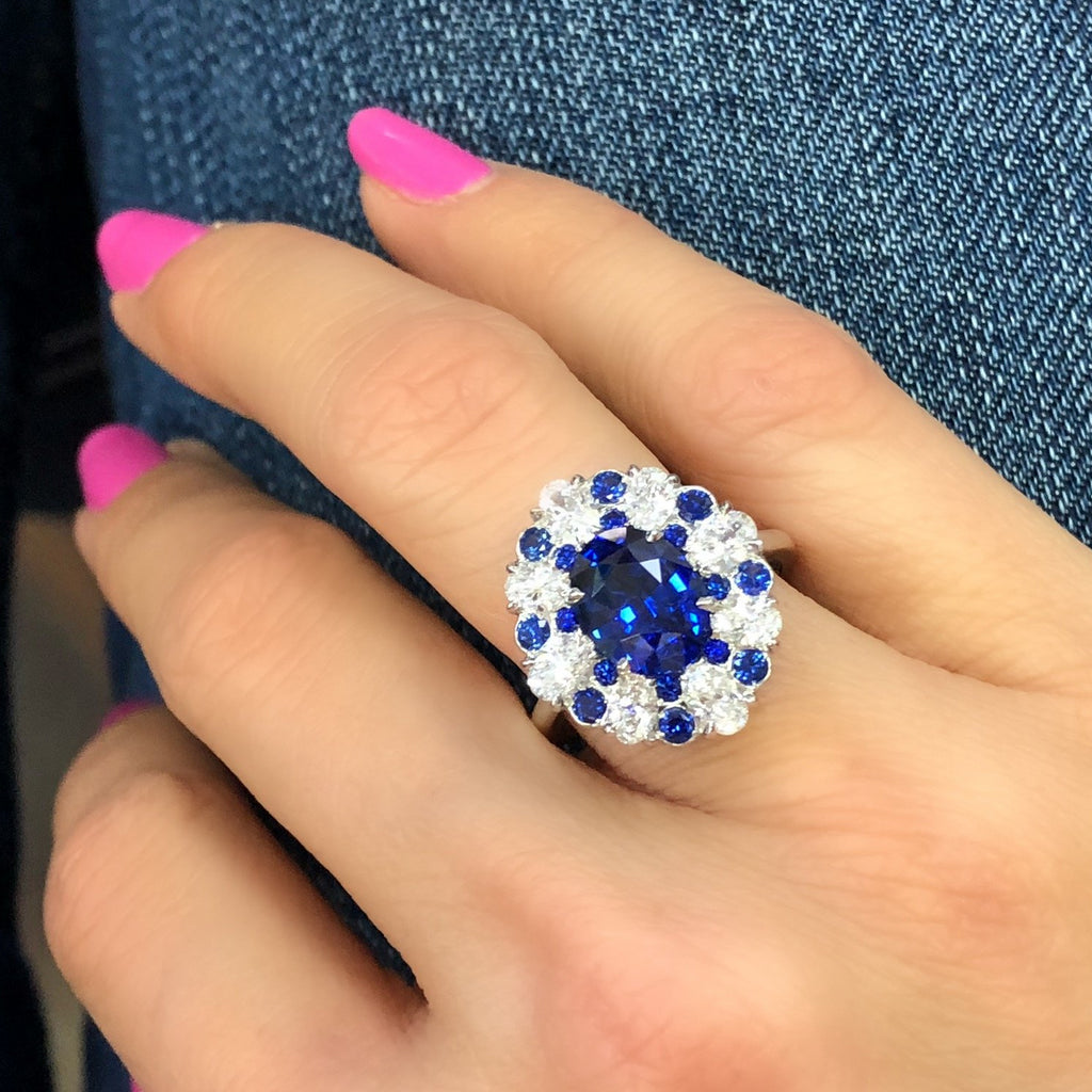 3 Ct. Halo Oval Blue Sapphire Ring with Oval, Round Diamonds