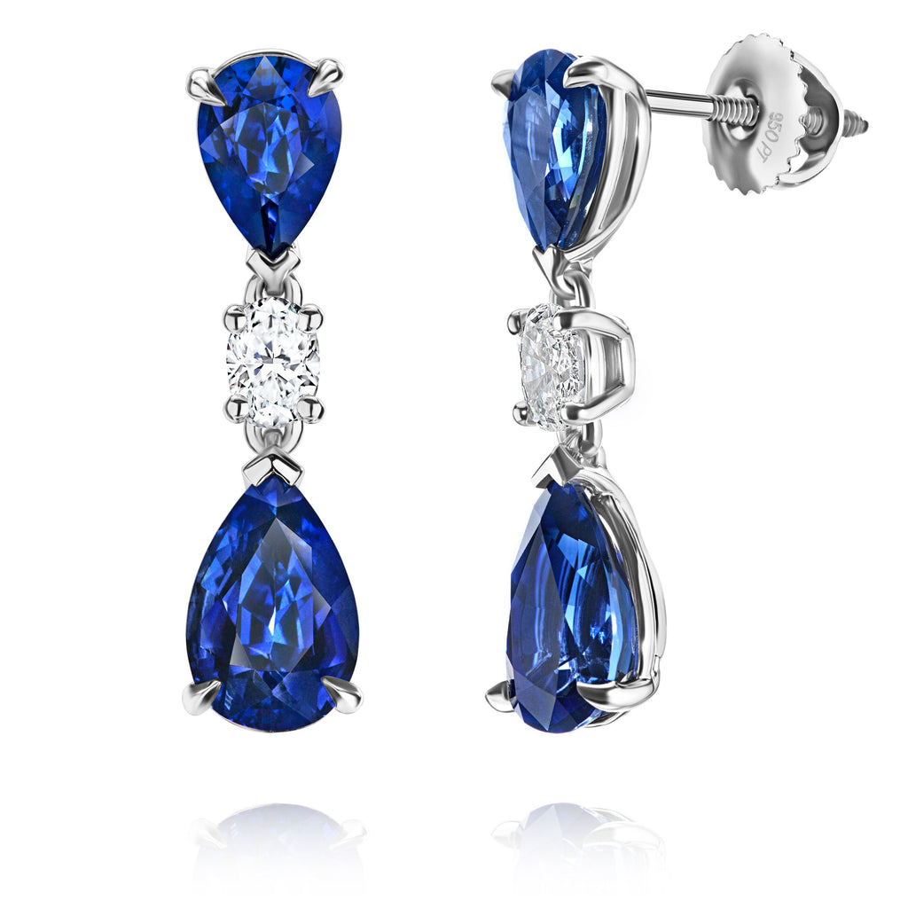 Blue Sapphire Earrings with Oval Diamonds