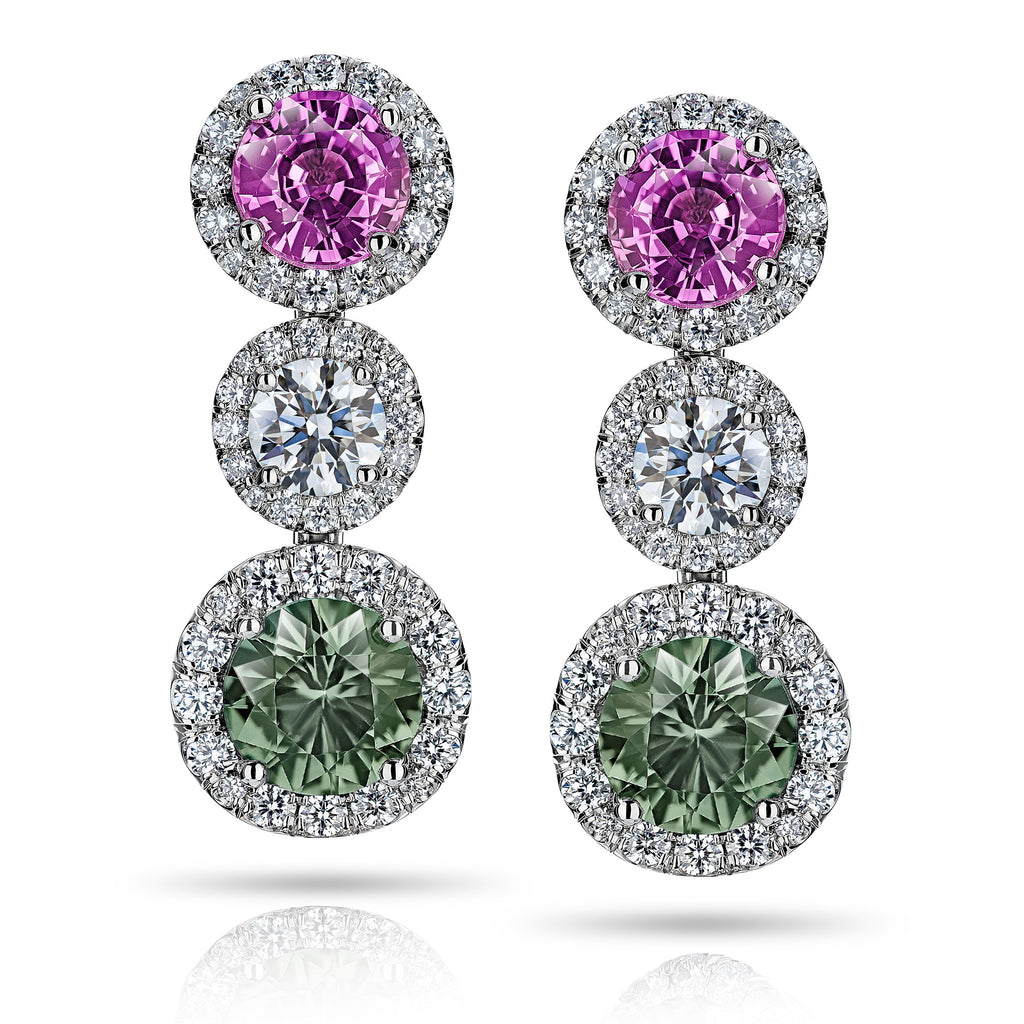 Miss Diamond Ring pink and green sapphires with white diamond drop statement earring